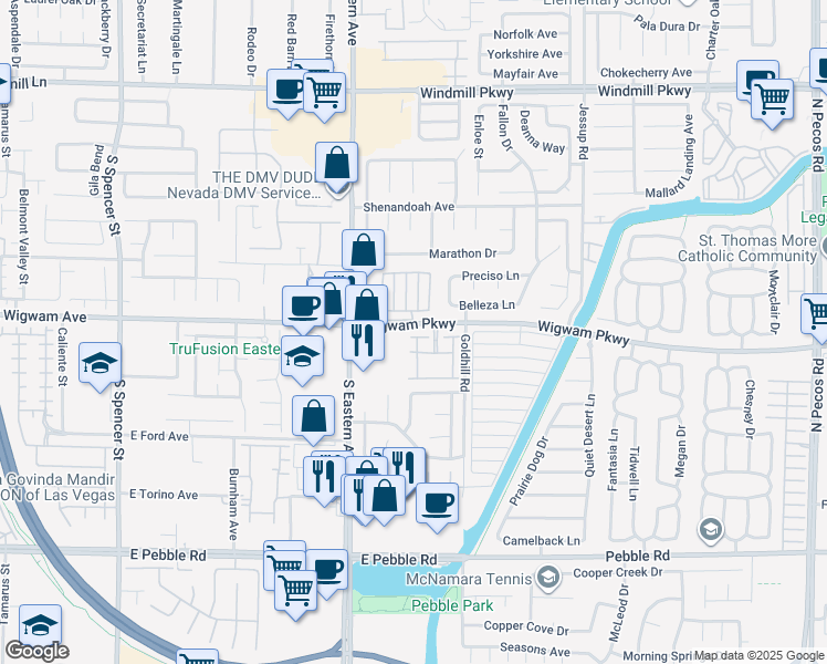 map of restaurants, bars, coffee shops, grocery stores, and more near 2925 Wigwam Parkway in Henderson