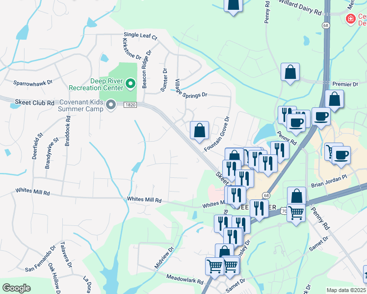 map of restaurants, bars, coffee shops, grocery stores, and more near 1560 Skeet Club Road in High Point