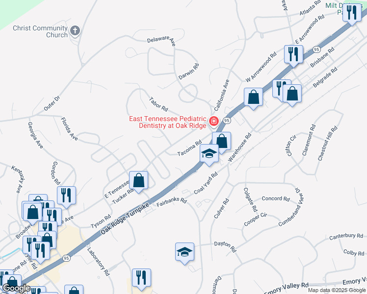 map of restaurants, bars, coffee shops, grocery stores, and more near 122 Tacoma Road in Oak Ridge