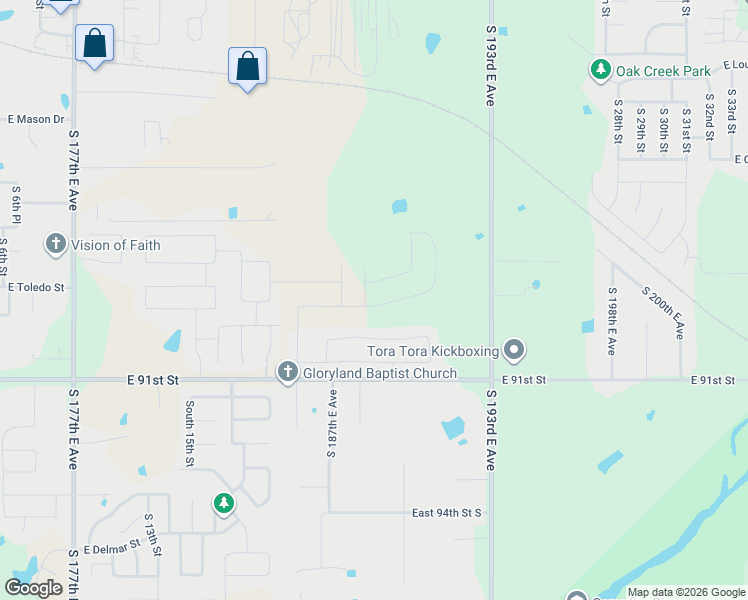 map of restaurants, bars, coffee shops, grocery stores, and more near 18867-19299 East 91st Street in Broken Arrow