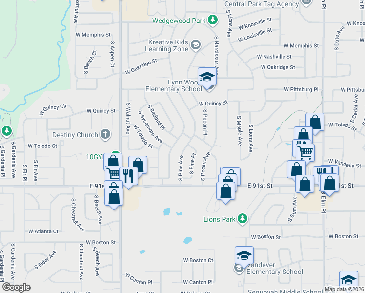 map of restaurants, bars, coffee shops, grocery stores, and more near 1713 South Pine Avenue in Broken Arrow