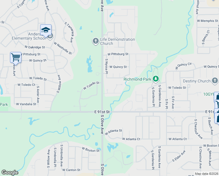 map of restaurants, bars, coffee shops, grocery stores, and more near 1907 South Nyssa Place in Broken Arrow