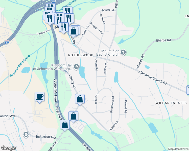 map of restaurants, bars, coffee shops, grocery stores, and more near 2300 Acorn Road in Greensboro