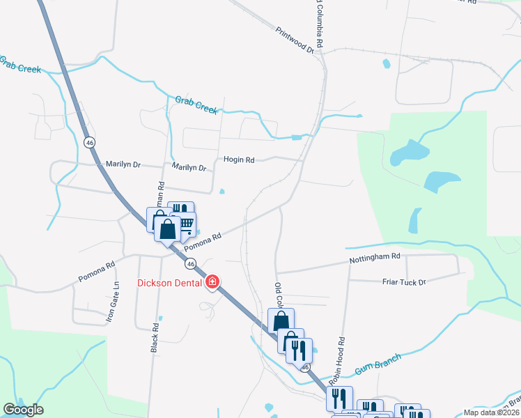 map of restaurants, bars, coffee shops, grocery stores, and more near 815 Pomona Road in Dickson
