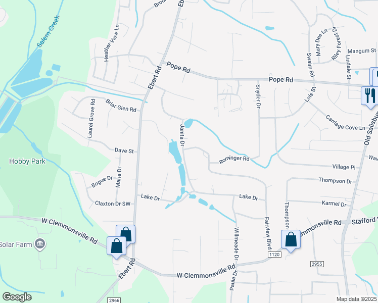 map of restaurants, bars, coffee shops, grocery stores, and more near 1755 Janita Drive in Winston-Salem