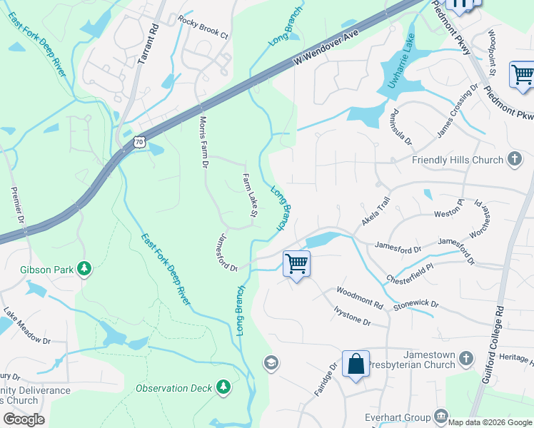 map of restaurants, bars, coffee shops, grocery stores, and more near 3204 Rider Court in Jamestown