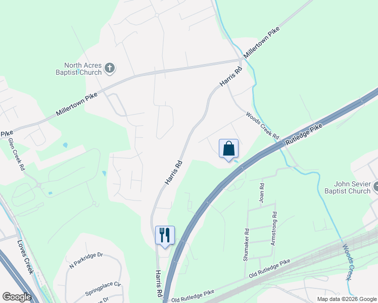map of restaurants, bars, coffee shops, grocery stores, and more near 2016 Harris Road in Knoxville