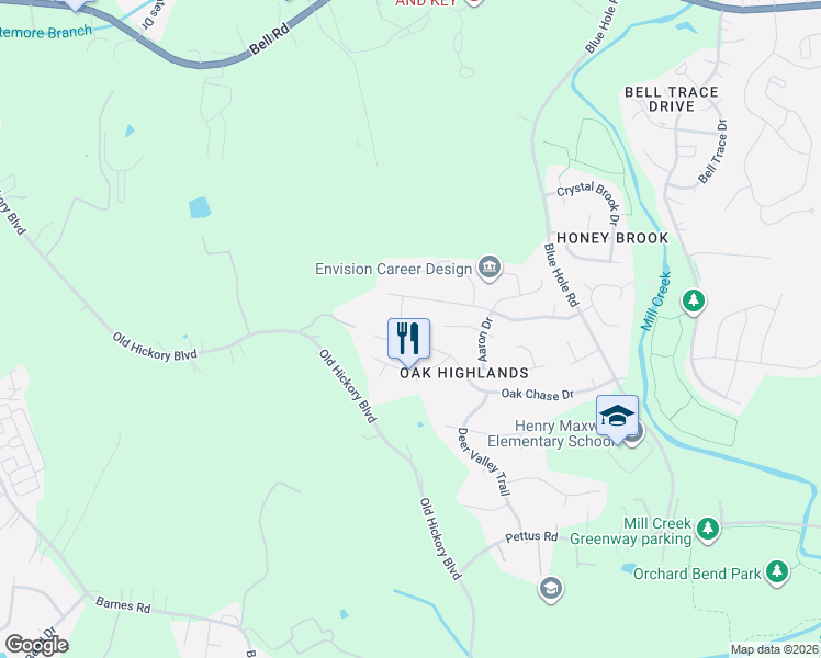 map of restaurants, bars, coffee shops, grocery stores, and more near 5532 Oak Chase Drive in Nashville