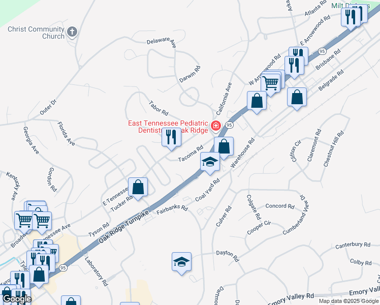 map of restaurants, bars, coffee shops, grocery stores, and more near 122 Tacoma Road in Oak Ridge