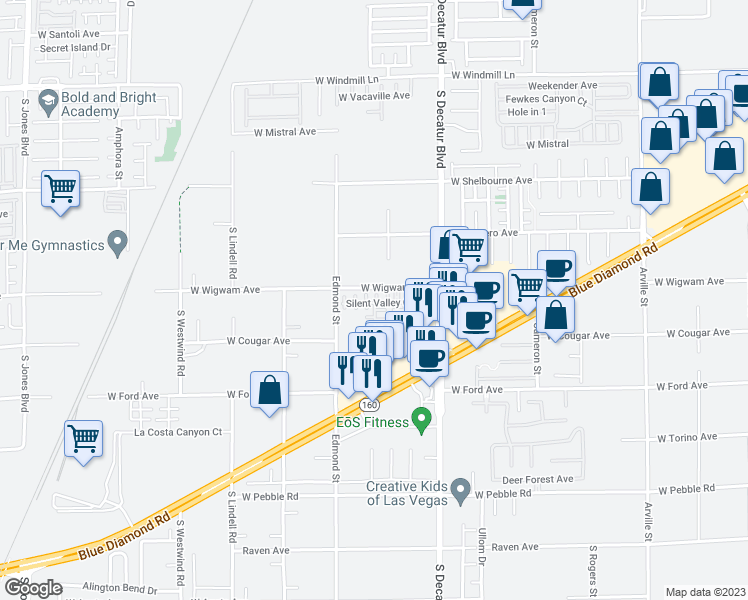 map of restaurants, bars, coffee shops, grocery stores, and more near 5096 Silent Valley Avenue in Las Vegas
