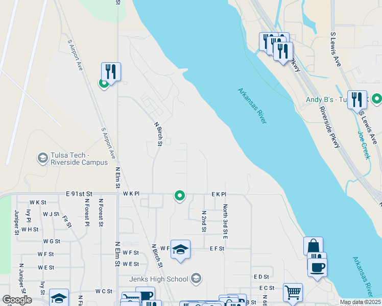 map of restaurants, bars, coffee shops, grocery stores, and more near 1507 North 1st Street in Jenks