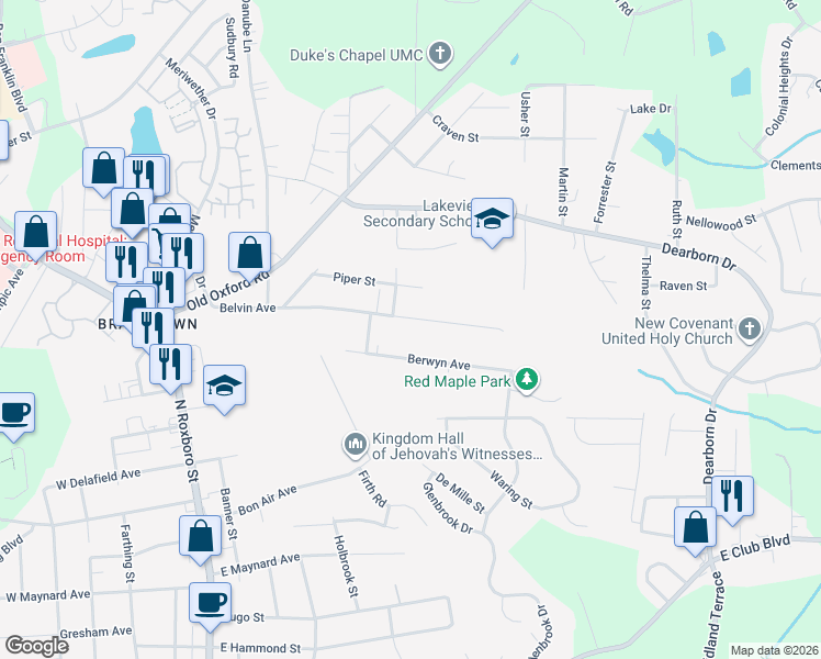 map of restaurants, bars, coffee shops, grocery stores, and more near 814 Belvin Avenue in Durham
