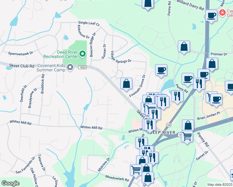 map of restaurants, bars, coffee shops, grocery stores, and more near 1560 Skeet Club Road in High Point