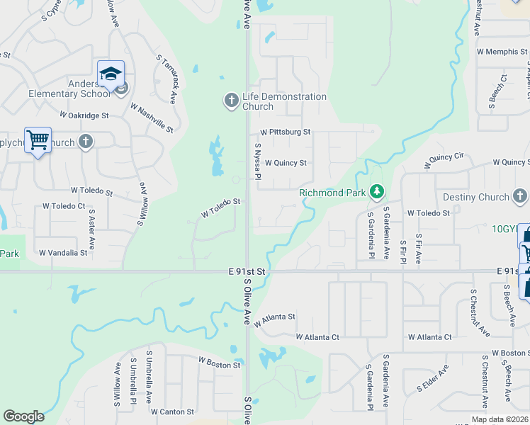 map of restaurants, bars, coffee shops, grocery stores, and more near 1903 South Nyssa Place in Broken Arrow