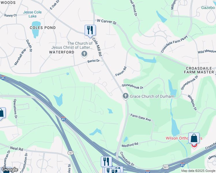 map of restaurants, bars, coffee shops, grocery stores, and more near 104 Fox Run Court in Durham