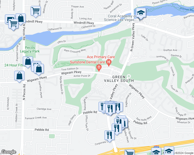map of restaurants, bars, coffee shops, grocery stores, and more near 2251 Wigwam Parkway in Henderson