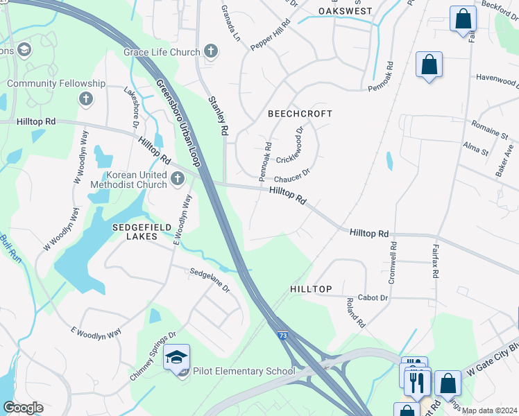 map of restaurants, bars, coffee shops, grocery stores, and more near 2600 Pennoak Lane in Greensboro
