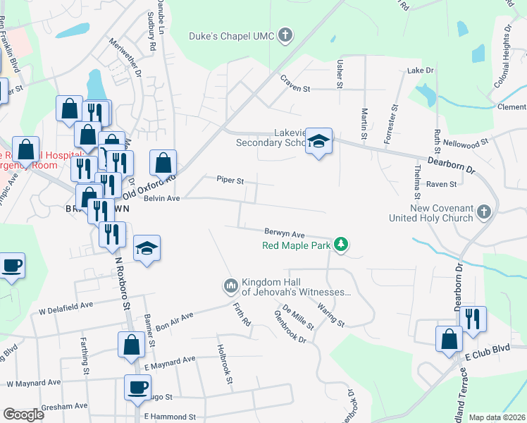 map of restaurants, bars, coffee shops, grocery stores, and more near 814 Belvin Avenue in Durham