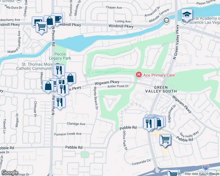 map of restaurants, bars, coffee shops, grocery stores, and more near 2443 Antler Point Drive in Henderson