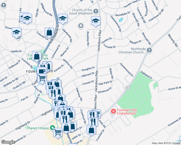 map of restaurants, bars, coffee shops, grocery stores, and more near 237 Hillcrest Drive in Knoxville
