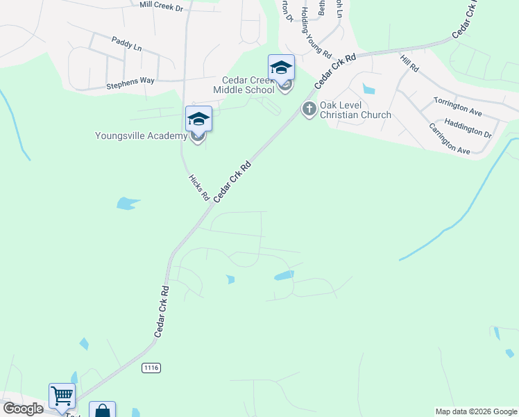 map of restaurants, bars, coffee shops, grocery stores, and more near 2468 Cedar Creek Road in Youngsville