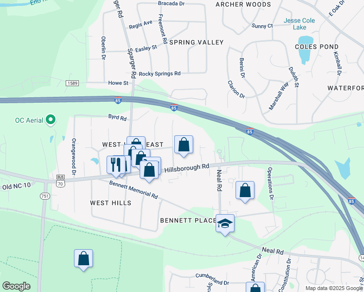map of restaurants, bars, coffee shops, grocery stores, and more near 4535 Hillsborough Road in Durham