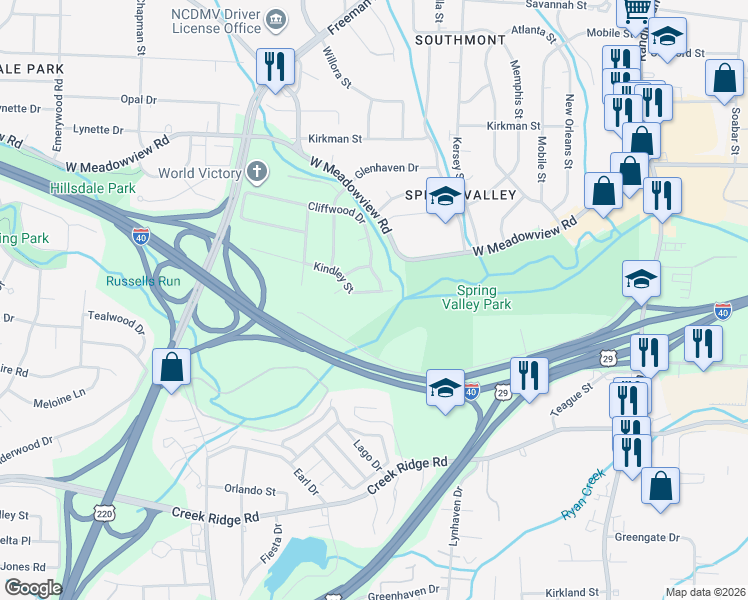 map of restaurants, bars, coffee shops, grocery stores, and more near 1201 Kindley Street in Greensboro