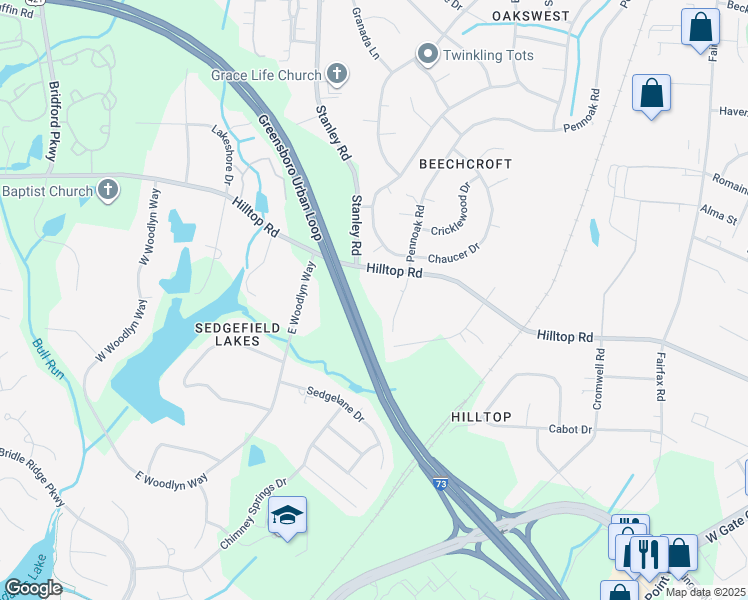 map of restaurants, bars, coffee shops, grocery stores, and more near 4705 Pennoak Lane in Greensboro
