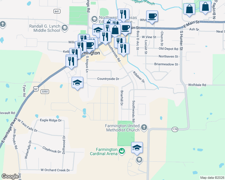 map of restaurants, bars, coffee shops, grocery stores, and more near 233 Briarhill Drive in Farmington