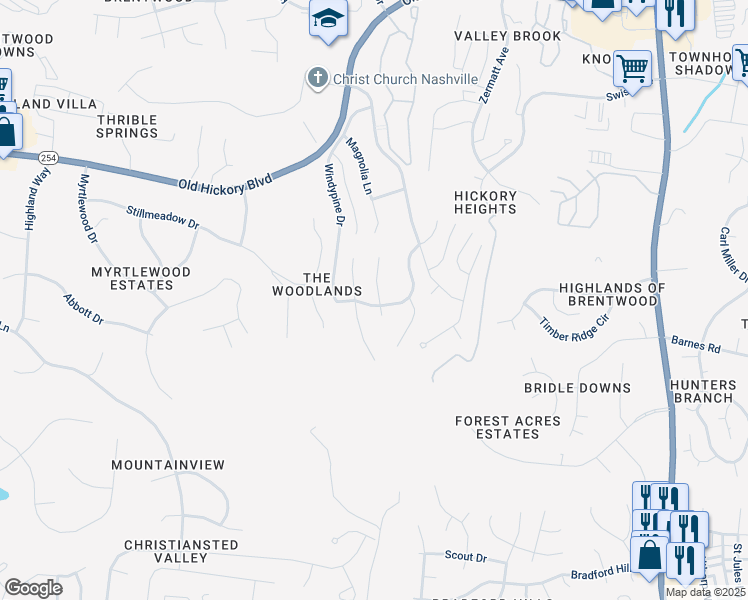 map of restaurants, bars, coffee shops, grocery stores, and more near 1001 Elmshade Lane in Nashville