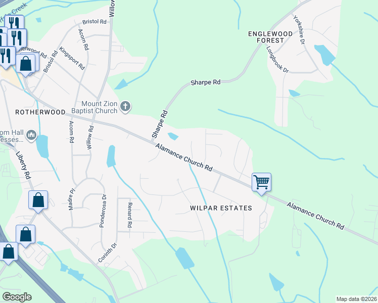 map of restaurants, bars, coffee shops, grocery stores, and more near 2320 Deerbrook Forest Lane in Greensboro