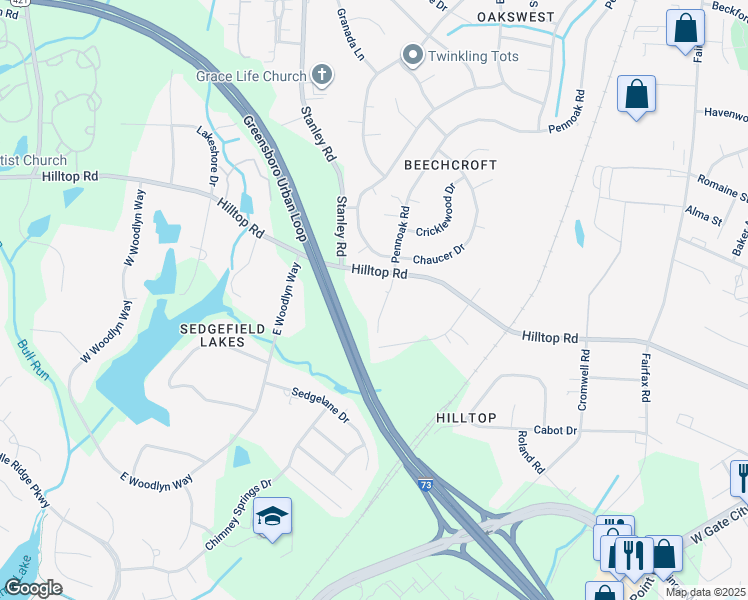 map of restaurants, bars, coffee shops, grocery stores, and more near 4703 Pennoak Lane in Greensboro