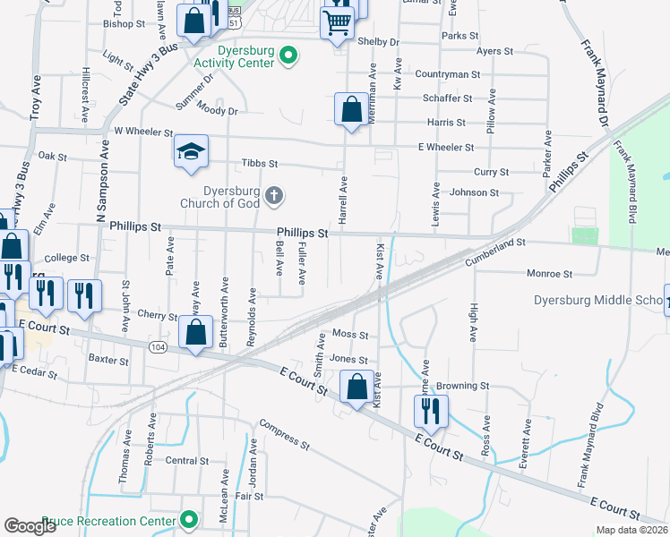 map of restaurants, bars, coffee shops, grocery stores, and more near 324 Victory Avenue in Dyersburg