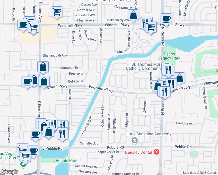 map of restaurants, bars, coffee shops, grocery stores, and more near 113 Coventry Circle in Henderson