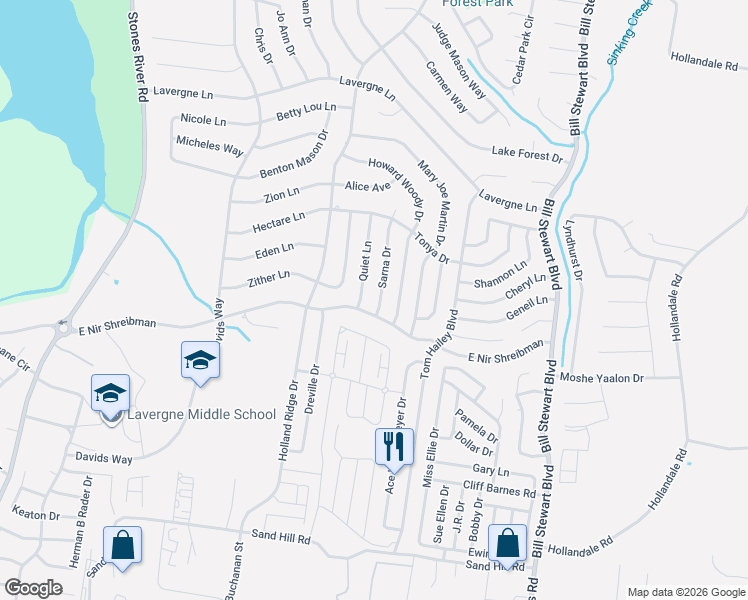 map of restaurants, bars, coffee shops, grocery stores, and more near 302 Sarna Drive in La Vergne