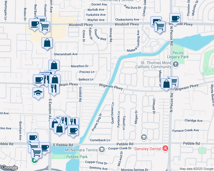 map of restaurants, bars, coffee shops, grocery stores, and more near Wigwam Pkwy & Jessup Rd in Henderson