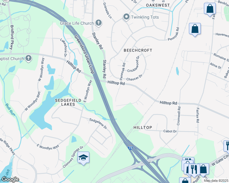 map of restaurants, bars, coffee shops, grocery stores, and more near 4703 Pennoak Lane in Greensboro