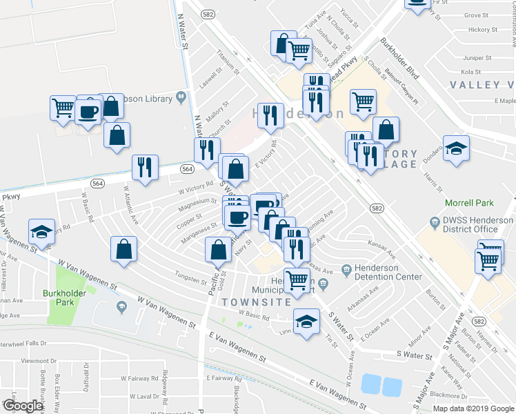 map of restaurants, bars, coffee shops, grocery stores, and more near 10 South Water Street in Henderson
