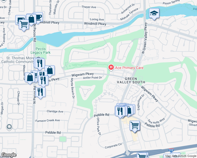 map of restaurants, bars, coffee shops, grocery stores, and more near 2429 Antler Point Drive in Henderson