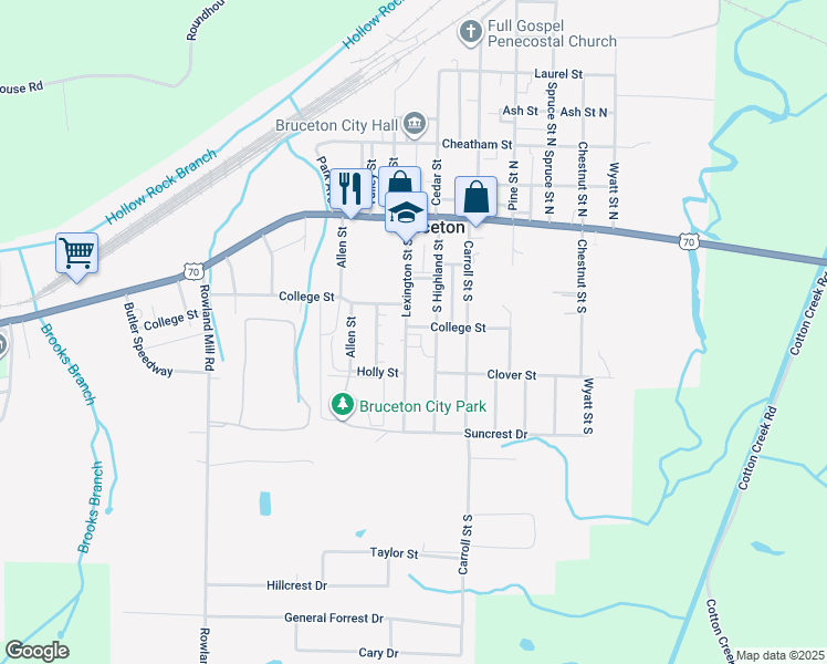map of restaurants, bars, coffee shops, grocery stores, and more near 141 Lexington Street South in Bruceton