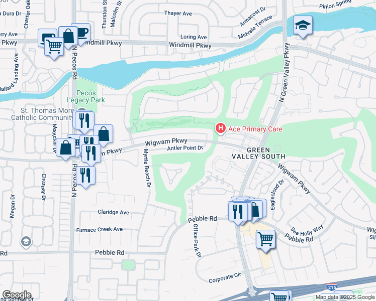 map of restaurants, bars, coffee shops, grocery stores, and more near 2429 Antler Point Drive in Henderson