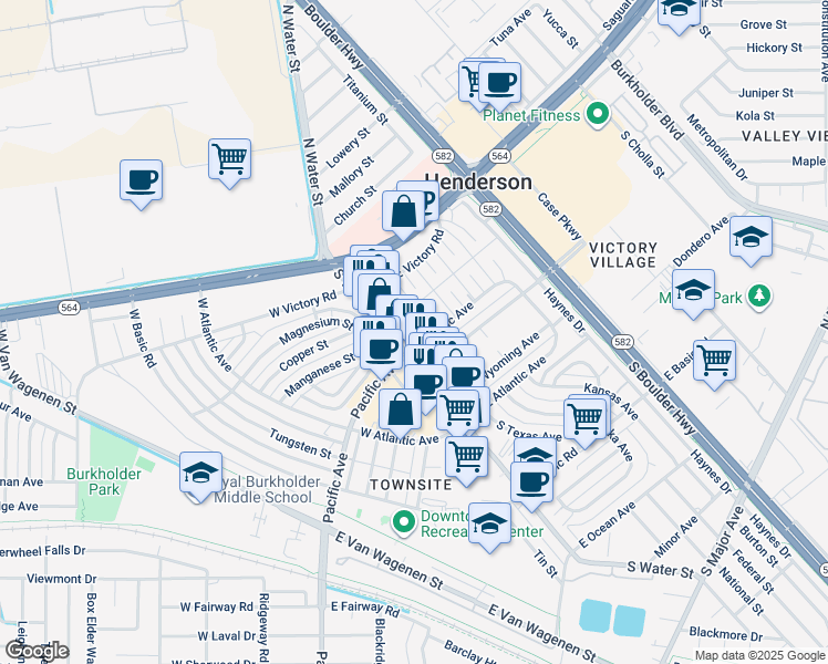 map of restaurants, bars, coffee shops, grocery stores, and more near 10 Idaho Way in Henderson