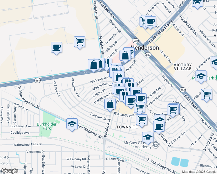 map of restaurants, bars, coffee shops, grocery stores, and more near 107 Copper Street in Henderson