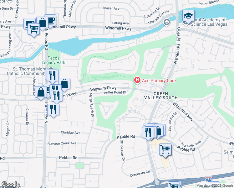 map of restaurants, bars, coffee shops, grocery stores, and more near 2429 Antler Point Drive in Henderson