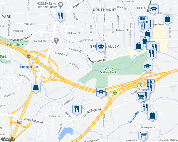 map of restaurants, bars, coffee shops, grocery stores, and more near 1103 Kindley Street in Greensboro