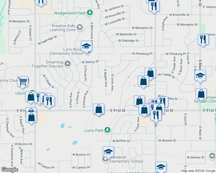 map of restaurants, bars, coffee shops, grocery stores, and more near 1824 South Maple Avenue in Broken Arrow