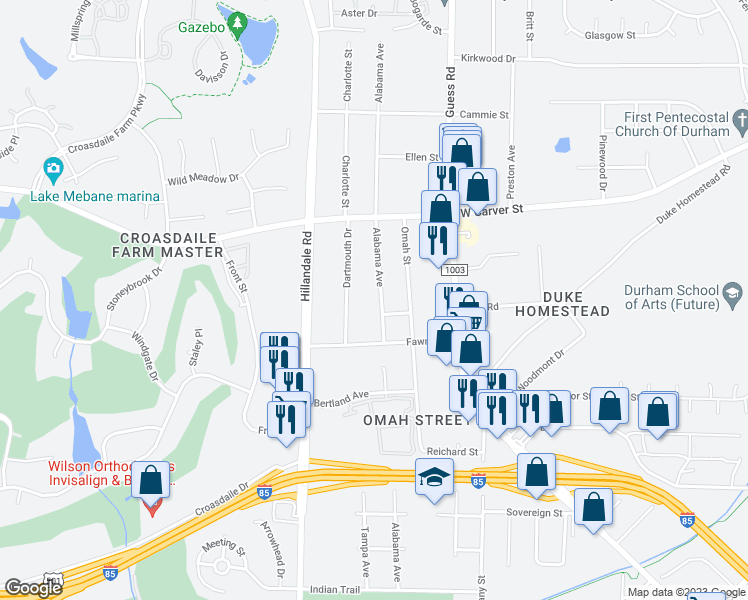 map of restaurants, bars, coffee shops, grocery stores, and more near 2911 Alabama Avenue in Durham