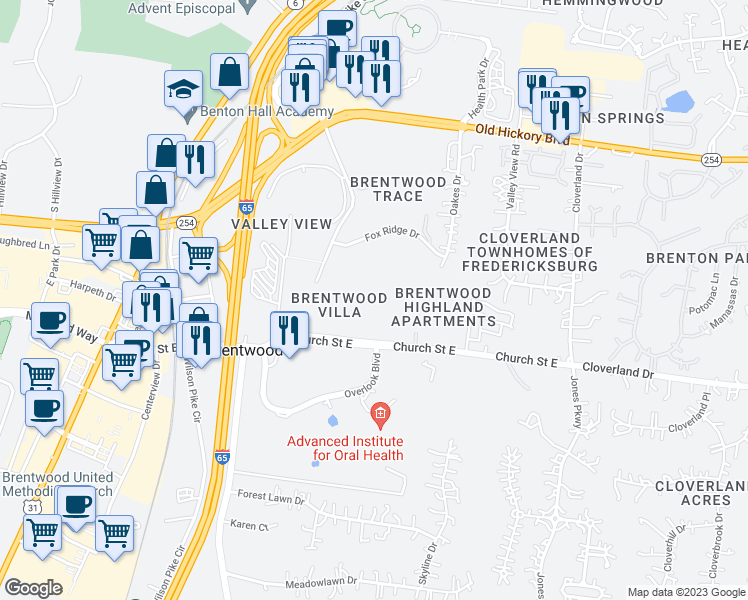 map of restaurants, bars, coffee shops, grocery stores, and more near 243 Glenstone Circle in Brentwood