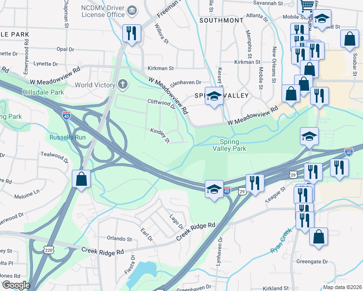 map of restaurants, bars, coffee shops, grocery stores, and more near 1201 Kindley Street in Greensboro