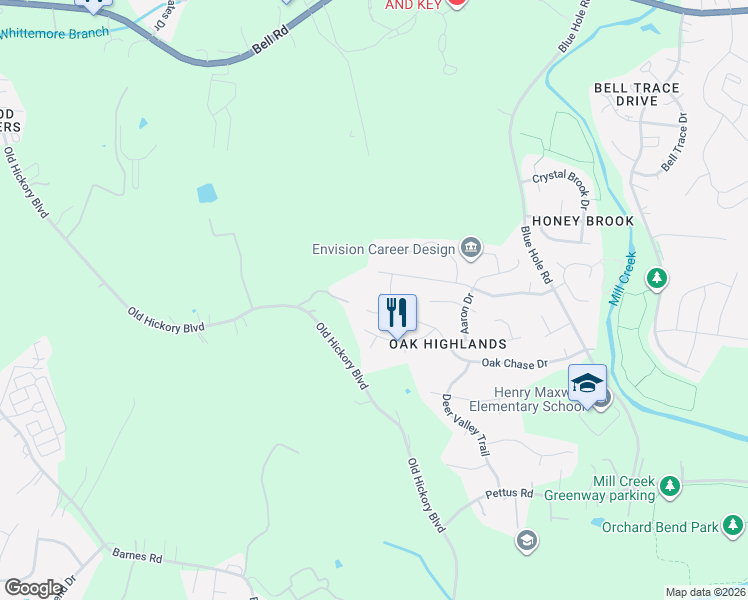 map of restaurants, bars, coffee shops, grocery stores, and more near 5562 Oak Chase Drive in Nashville